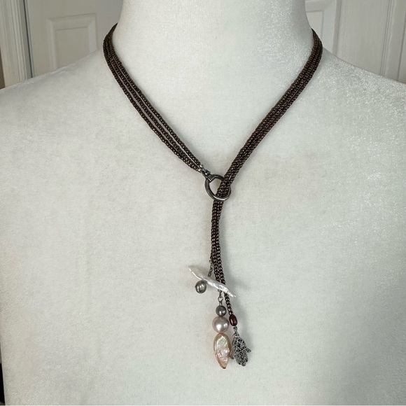 Handmade Beaded Pearl and Pewter Chamsa 3 Tier Y Necklace - Picture 1 of 5